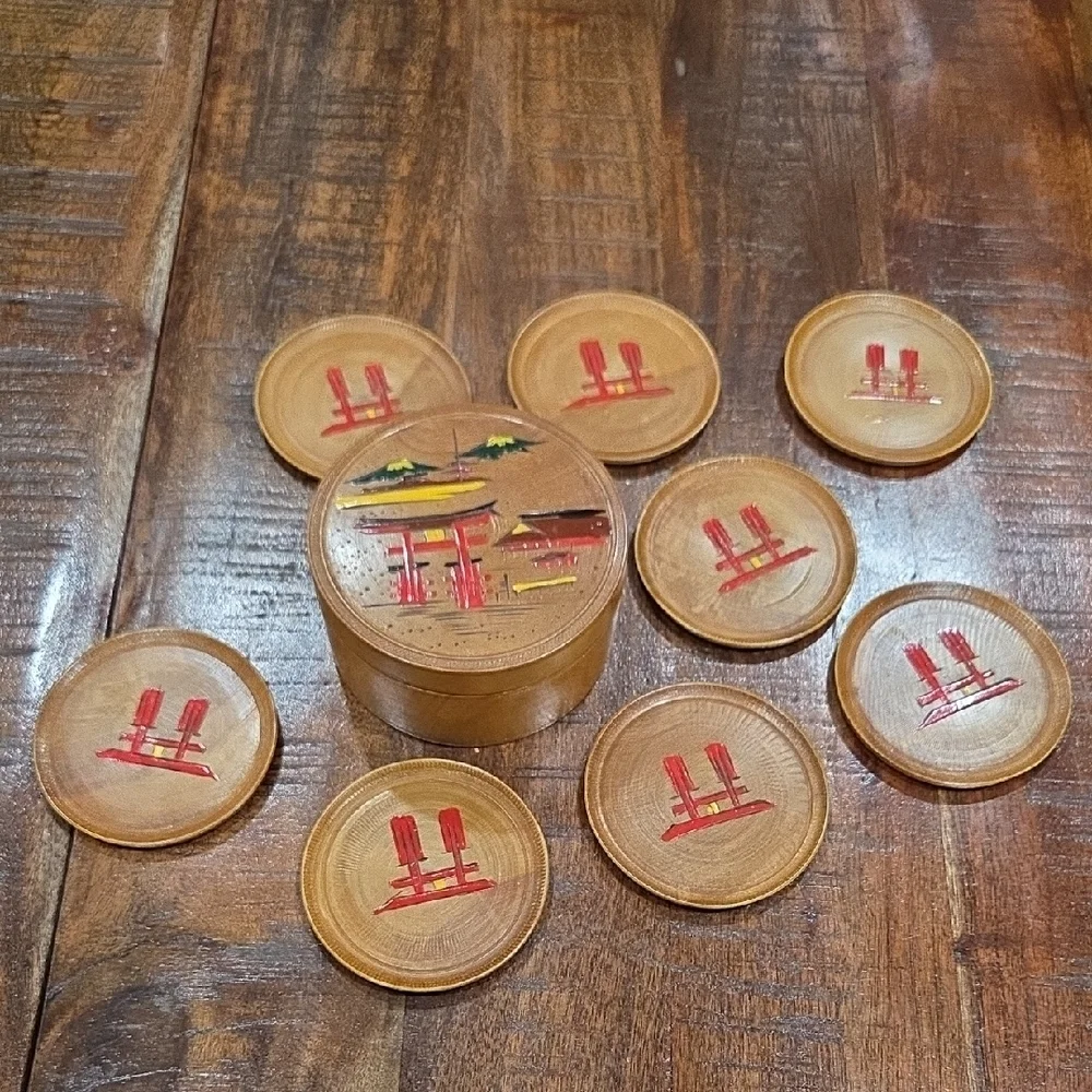 Vintage Japanese Handcrafted Wooden Coaster Set with Box